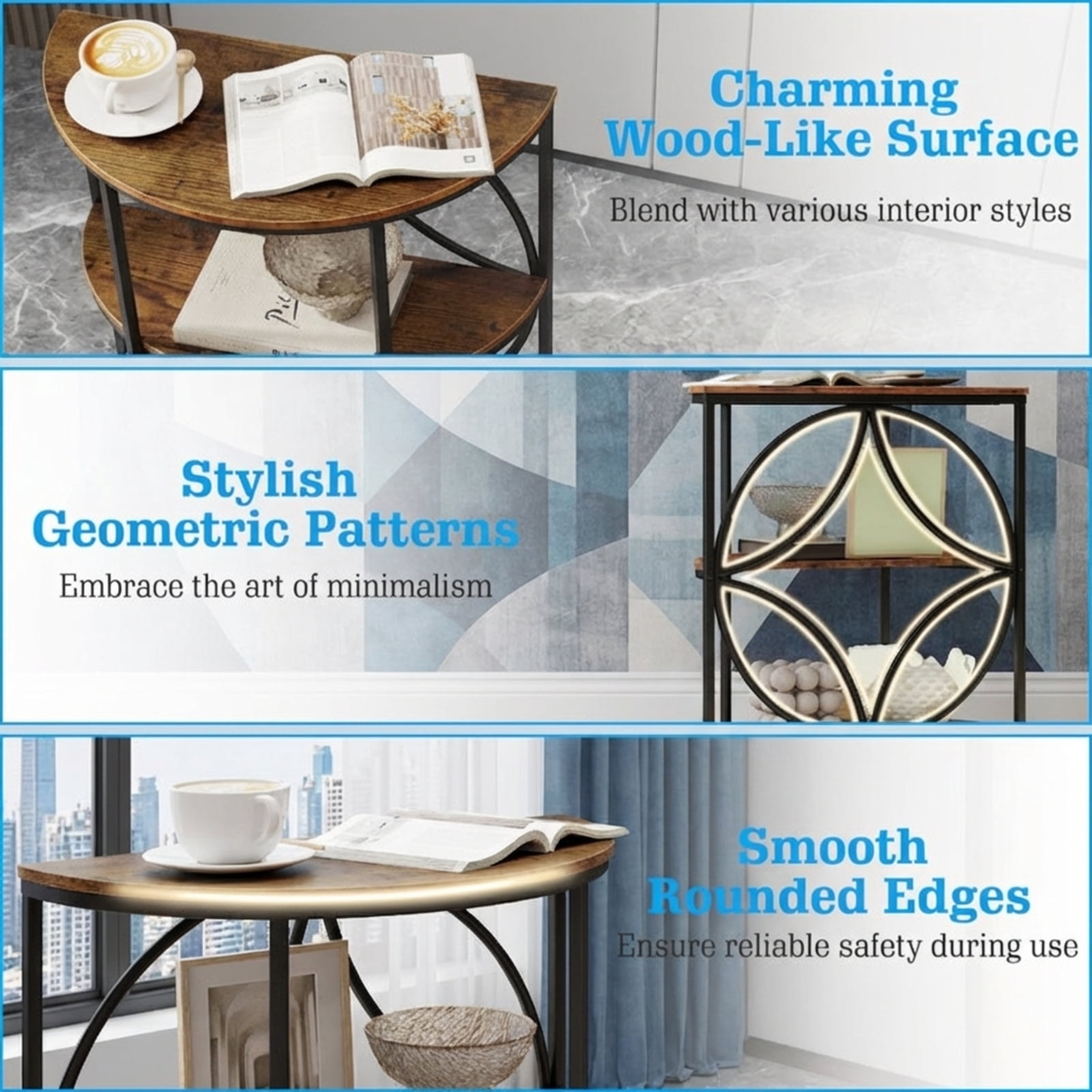 Furnibear 3-Tier Half Round End Table with Sturdy Metal Frame for Living Room, Rustic Brown