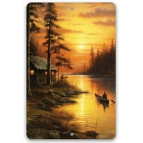 Cabin on the Lake Painting Art - Metal Sign - Cabin Rules - Durable Metal Sign - Use Indoor/Outdoor - Great Shed or Shak Decor and Housewarming Gift for Outdoorsy People (8" x 12")