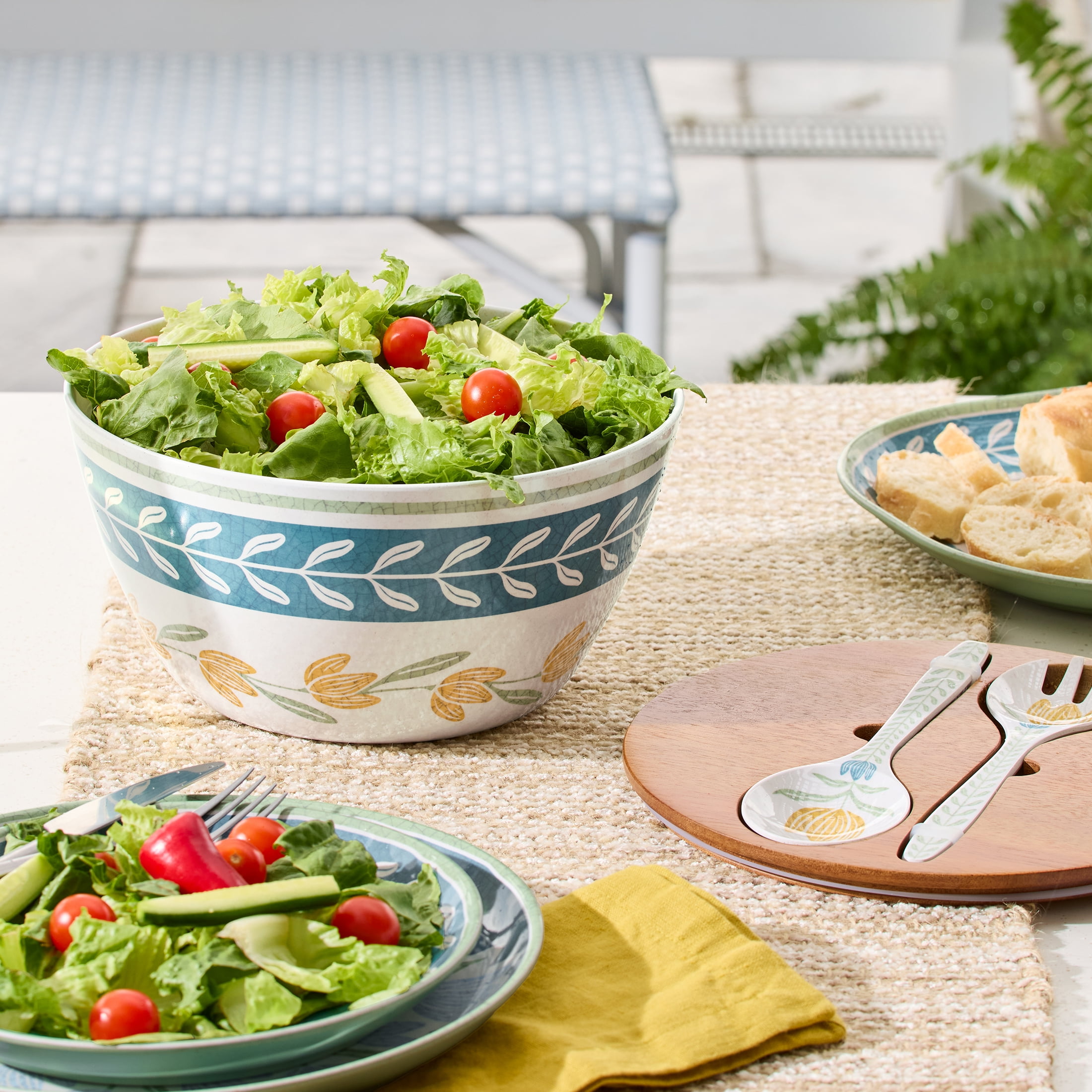 Better Homes and Gardens Bamboo Melamine Salad Bowl Set With Acacia Lid & Utensils, Floral Pattern