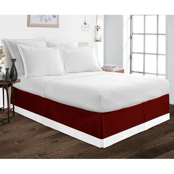 Luxury 1 Piece Split Corner Two Tone Tailored Bed Skirt, California King Size 15 Inch Deep Pocket, 100% Egyptian Cotton, 800 Thread Count, Solid White/Burgundy Color.