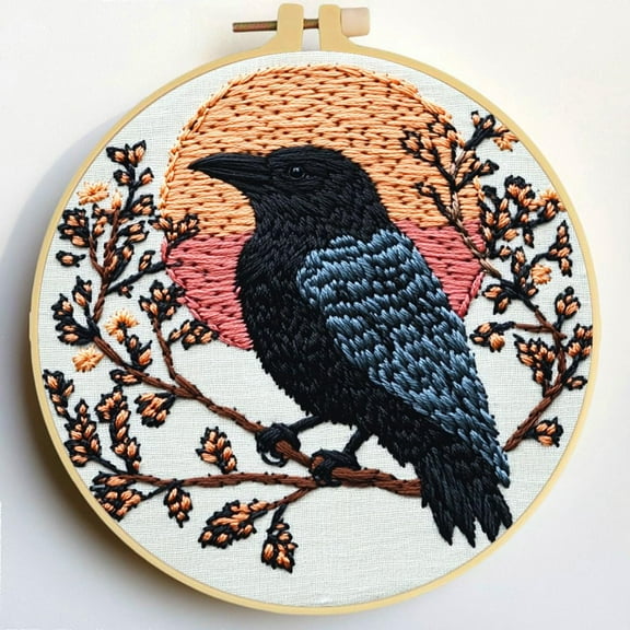 Punch Needle Kits A Raven under Sunset Embroidery Starter Set with Hoop Easy for Beginners DIY Stress Relief Handmade Craft Hobby and Home Decor 20x20cm-7