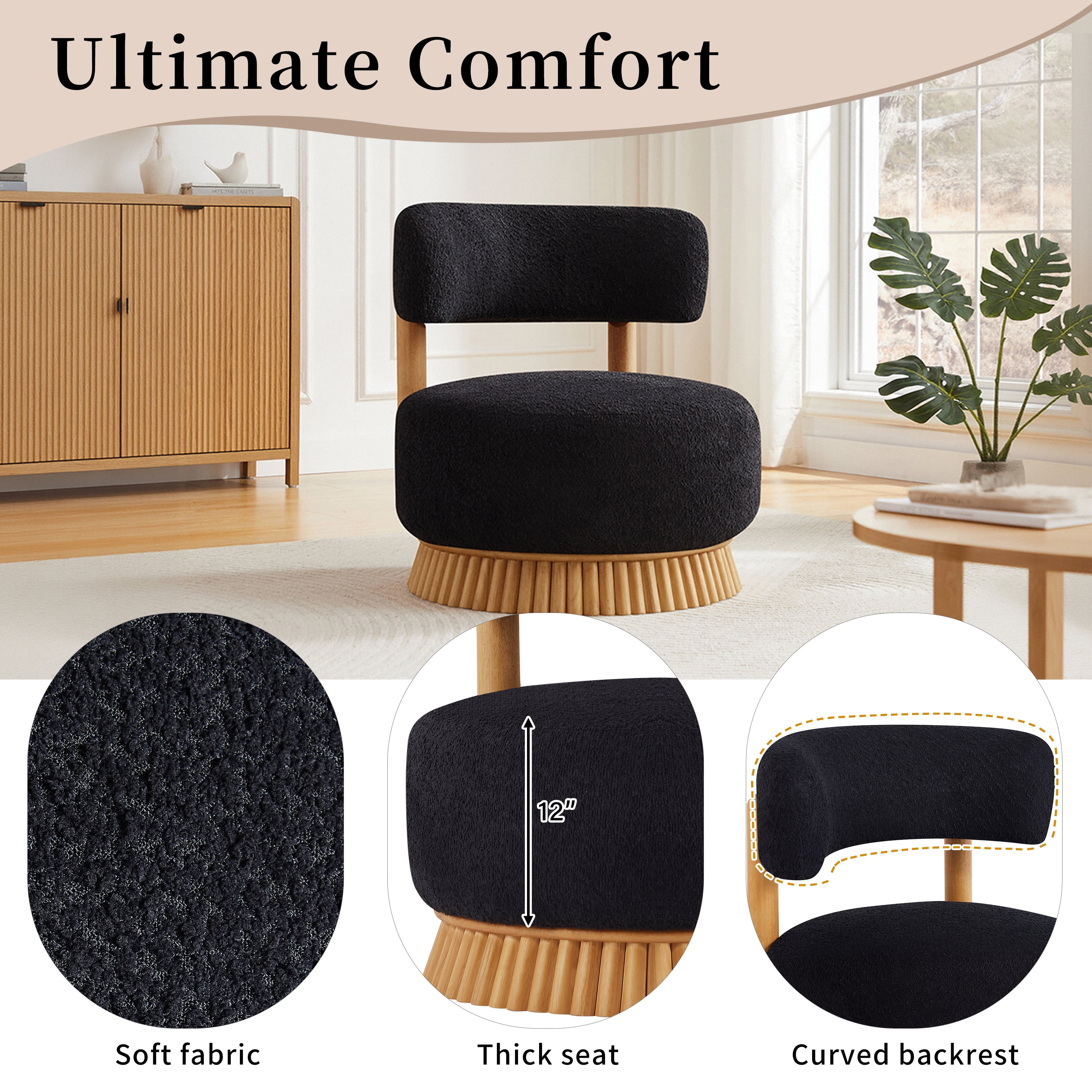 Euroco Farmhouse Armless Chair, Cozy Upholstered Armless Lounge Chair with Thatched Roof Rod Design and Wood Frame,Fabric Comfy Reading Chair for Bedroom,Living Room,Black