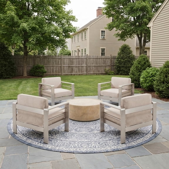 Christopher Knight Home 5-Piece Outdoor Patio Chat Set, Aluminum Club Chairs with Coffee Table, Beige Cushion