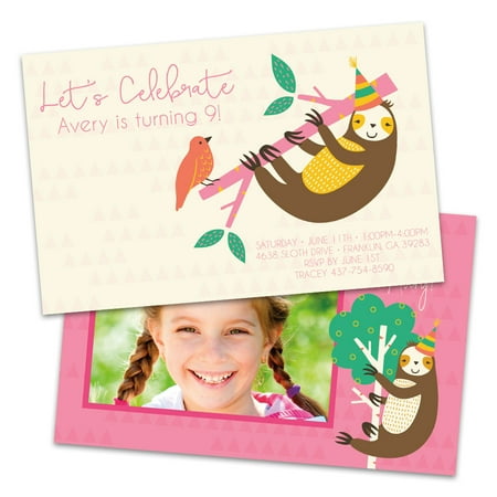 Personalized Sloth Photo Kids Birthday Party Invitations
