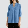 thumbnail image 3 of RYRJJ Cotton Linen Shirts for Women Dressy Casual 3/4 Sleeve V Neck Tunic Tops Loose Summer Trendy High Low Hem Blouses(Light Blue,XL), 3 of 8