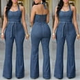 thumbnail image 2 of Fsqjgq Streetwear Denim Jumpsuit Summer Outfits for Women 2024 Slim Fit Halter Sleeveless Flare Pants Fashion Belt Overalls Rompers Blue L, 2 of 6