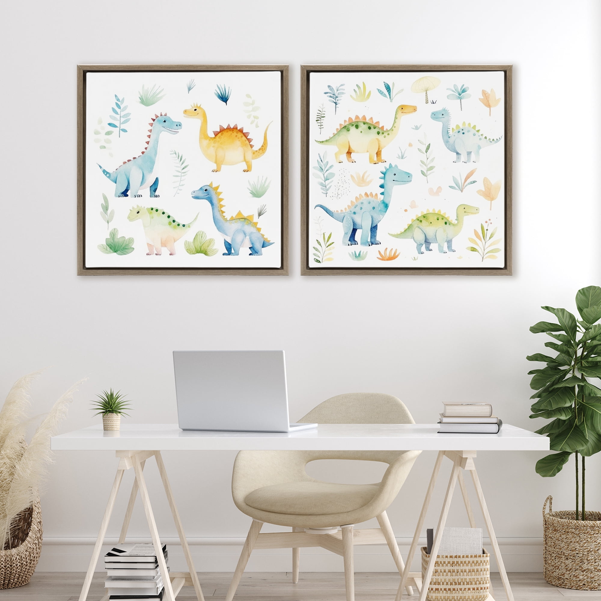 Stupell Industries Playful Dinosaur Wonders 2 Piece Brown Framed Floater Canvas Set, design by Lazar Studio