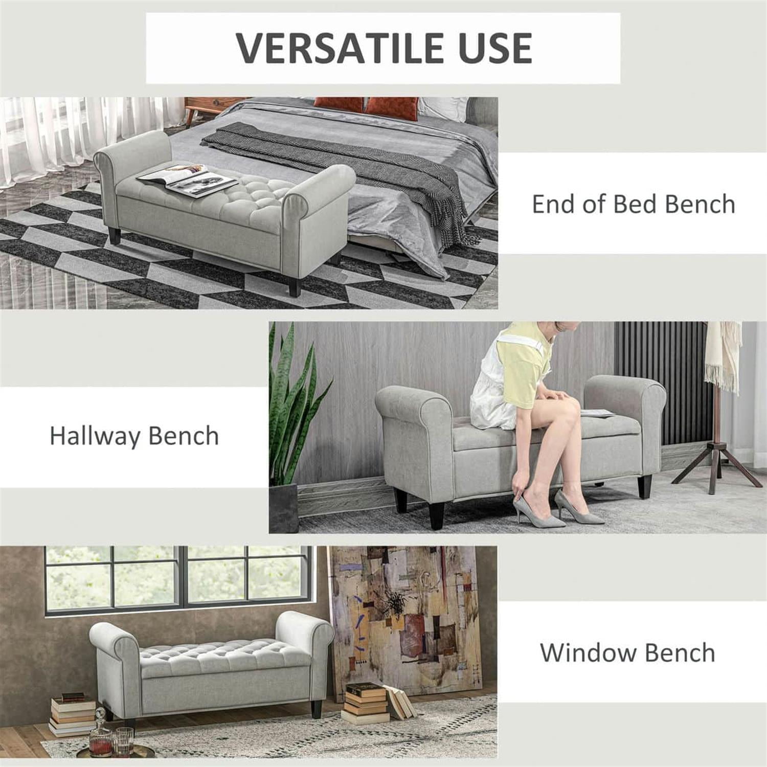 Demi Bonn 22" Storage Ottoman, Cozy Footrest End of Bed Bench with Rolled Arms, Wooden Legs, Tufted Bench, Bedside Bench, Gray