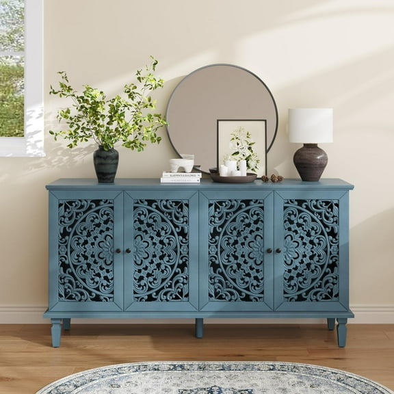 60" Blue Sideboard Buffet Cabinet, 4-Door Hollow-Carved Accent Cabinet with Storage, Vintage Entryway Console table for Living Room, Hallway Foyer, Modern Shelves Credenza Table Office, Coffee Bar