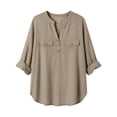 thumbnail image 2 of Linen Summer Shirts for Women Roll-Up Long Sleeve Curved Hem Tunic Tops Casual V Neck Plain Tshirts Loose Fit (L, Khaki), 2 of 7
