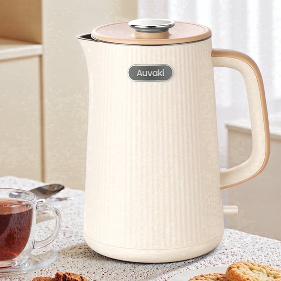 Auvaki 1.7L Electric Kettle, 1200W Stainless Steel Double Wall Water Boiler with Cool-Touch Handle & Auto Shut-off, Cream White