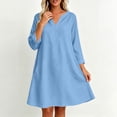 thumbnail image 6 of Bosfbaoi Linen Dresses for Women V Notch Neck 3/4 Roll Sleeve Loose A‑Line Short Dress with Side Pockets, 6 of 7