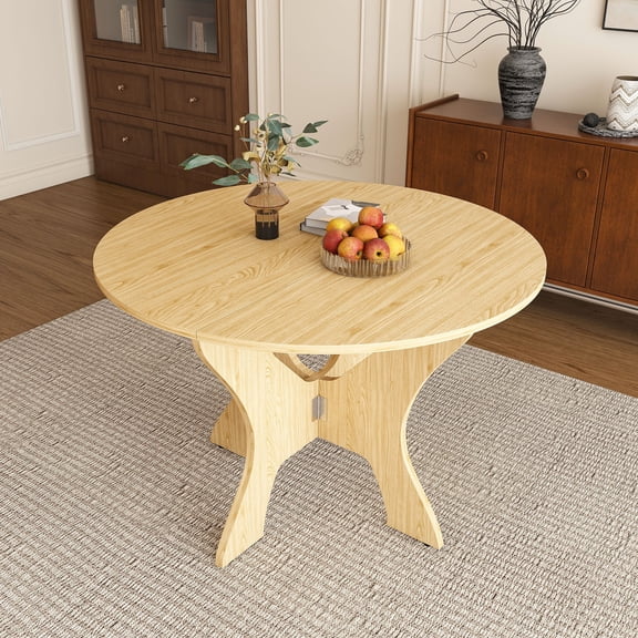 AENKYO 43" Folding Dining Table, Space Saving Drop Leaf Kitchen Table for Small Spaces, Oak Round Table for 4