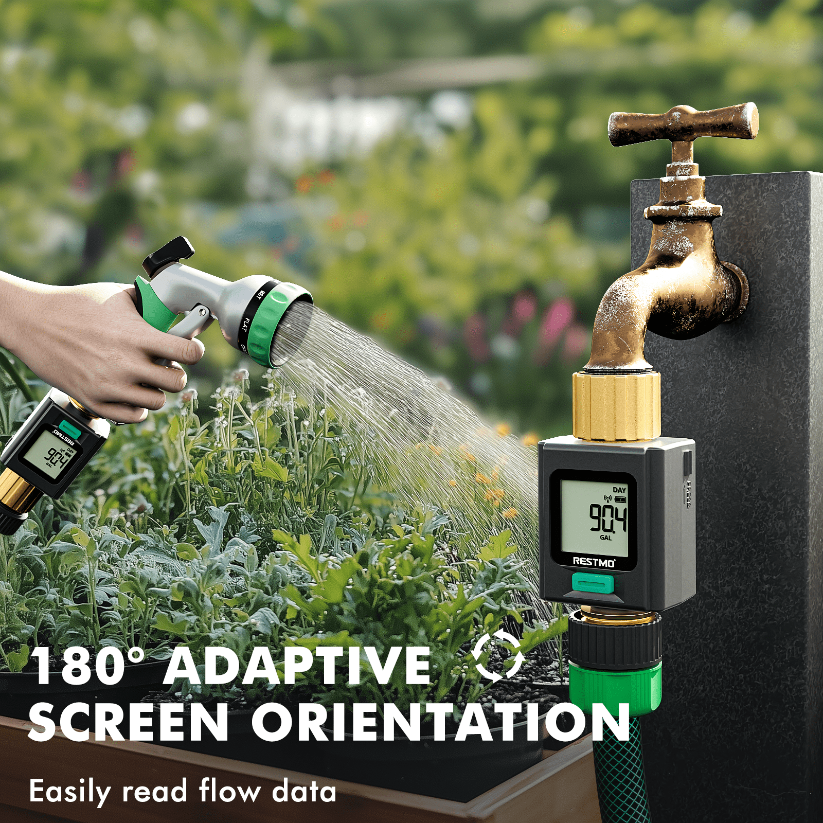 Restmo  Smart Water Flow Meter with Screen Backlight, Brass Inlet & Outlet Water Meter, Measuring Gallon/Liter Consumption & Flow Rate for Garden Watering, RV Filling, Sprinklers & Nozzle-APP Control