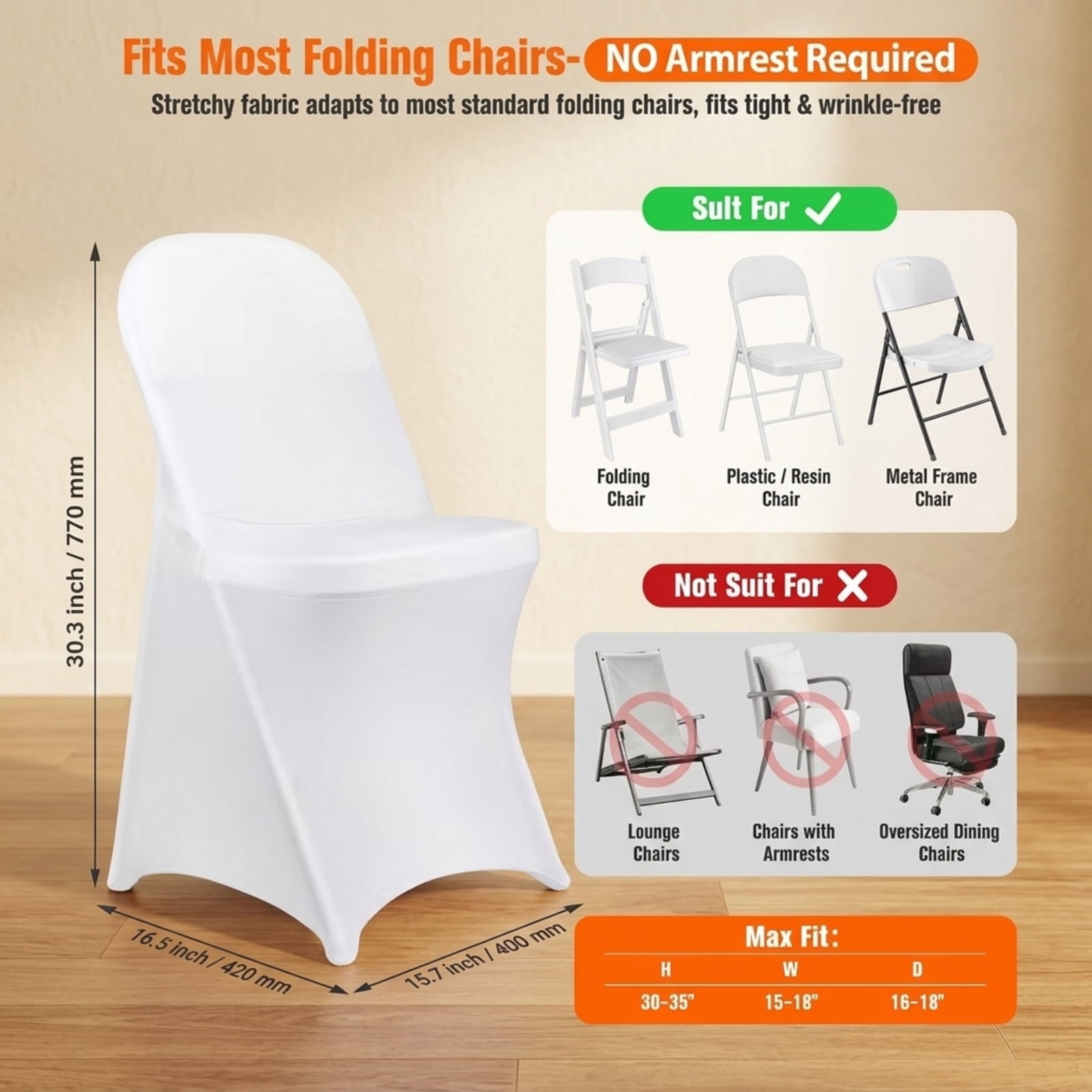 Fenbeli Stretch Folding Chair Covers 12 Pack, White Washable Spandex Slipcovers with Elastic Foot Pockets, Universal Fit for Weddings Banquets Parties and Events
