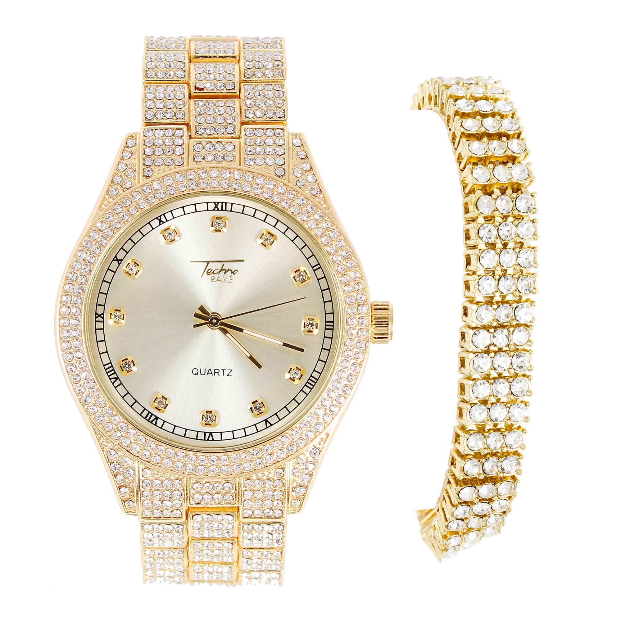 Techno Pave - Mens Watch and Tennis Bracelet Combo Set - Gold 43mm Iced ...