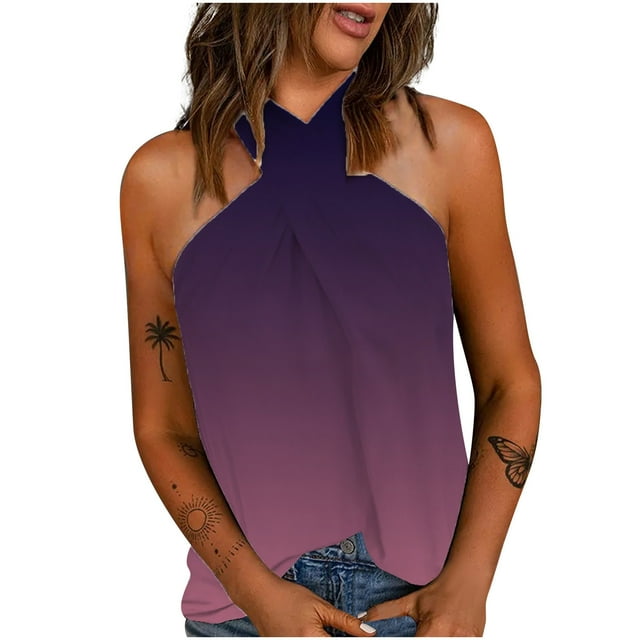 Pompotops Mode Femme Blouse Imprimée Sans Manches T-Shirt Débardeur d'Été