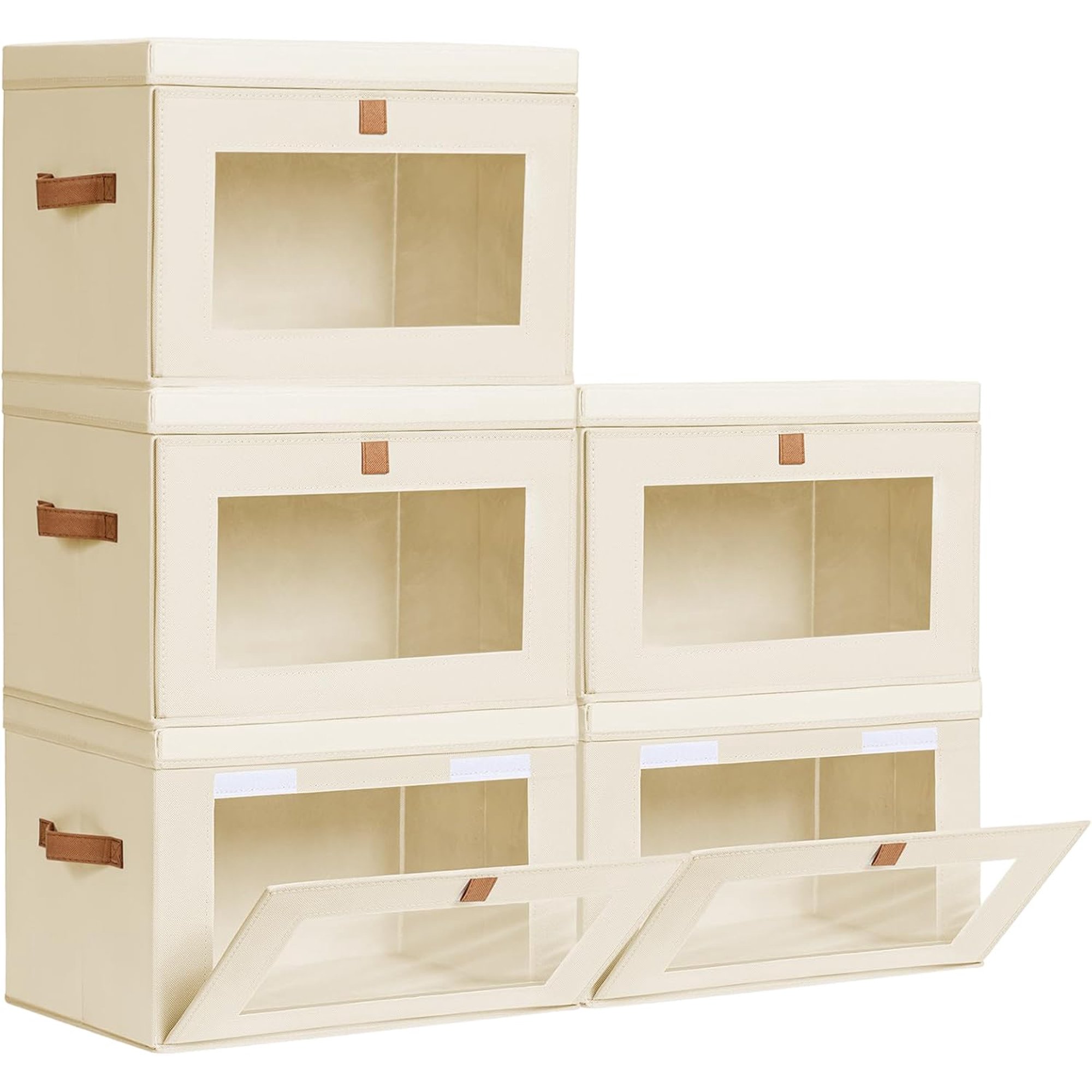 Large Closet Storage Organizer - Collapsible Fabric Clothes Storage Bins with Handles & Window Decorative Boxes with Lids for Living Room Dorm 5 Pack Beige