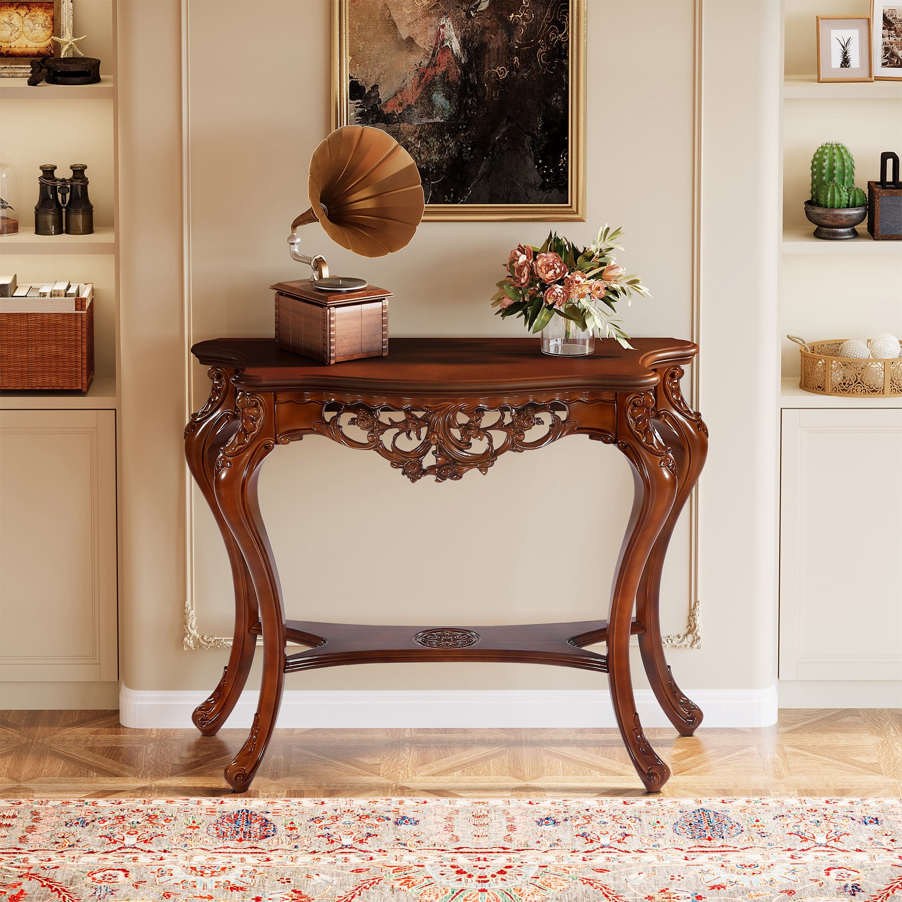 Tribesigns Vintage Carved Console Table , 38 inch Decorative Sofa Entryway Tables with Hollow Floral Apron and Cabriole Legs for Living Room, Hallway
