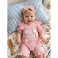 thumbnail image 5 of BemeyourBBs Newborn Baby Girls Little Sister Outfit Waffle Knit Ruffle Romper Little Sis Letter Embroidery 3D Floral Short Sleeve Infant Bodysuit Jumpsuit Headband Cute Baby Girl Summer Clothes, 5 of 9