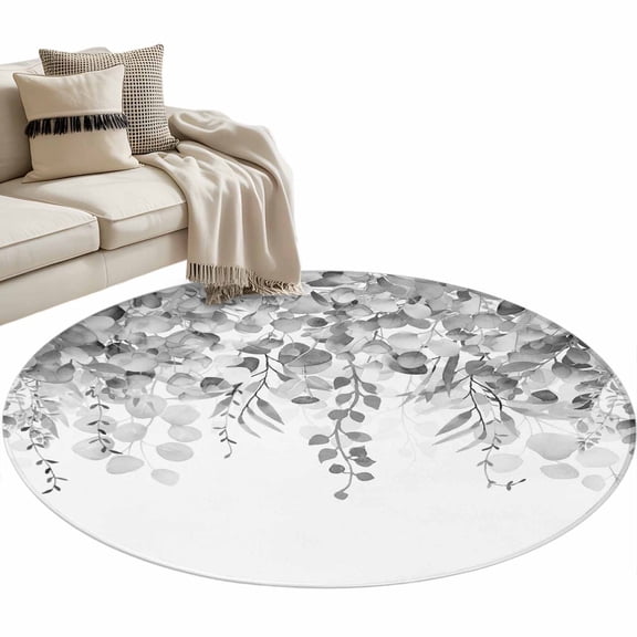 Grey Botanical Round Area Rug 4 FT, Non Slip Indoor Outdoor Rug, Weeping Eucalyptus Leaves Watercolor Washable Soft Circular Carpet Non-Shedding Floor Mat for Coffee Table Nursery Foyer Balcony