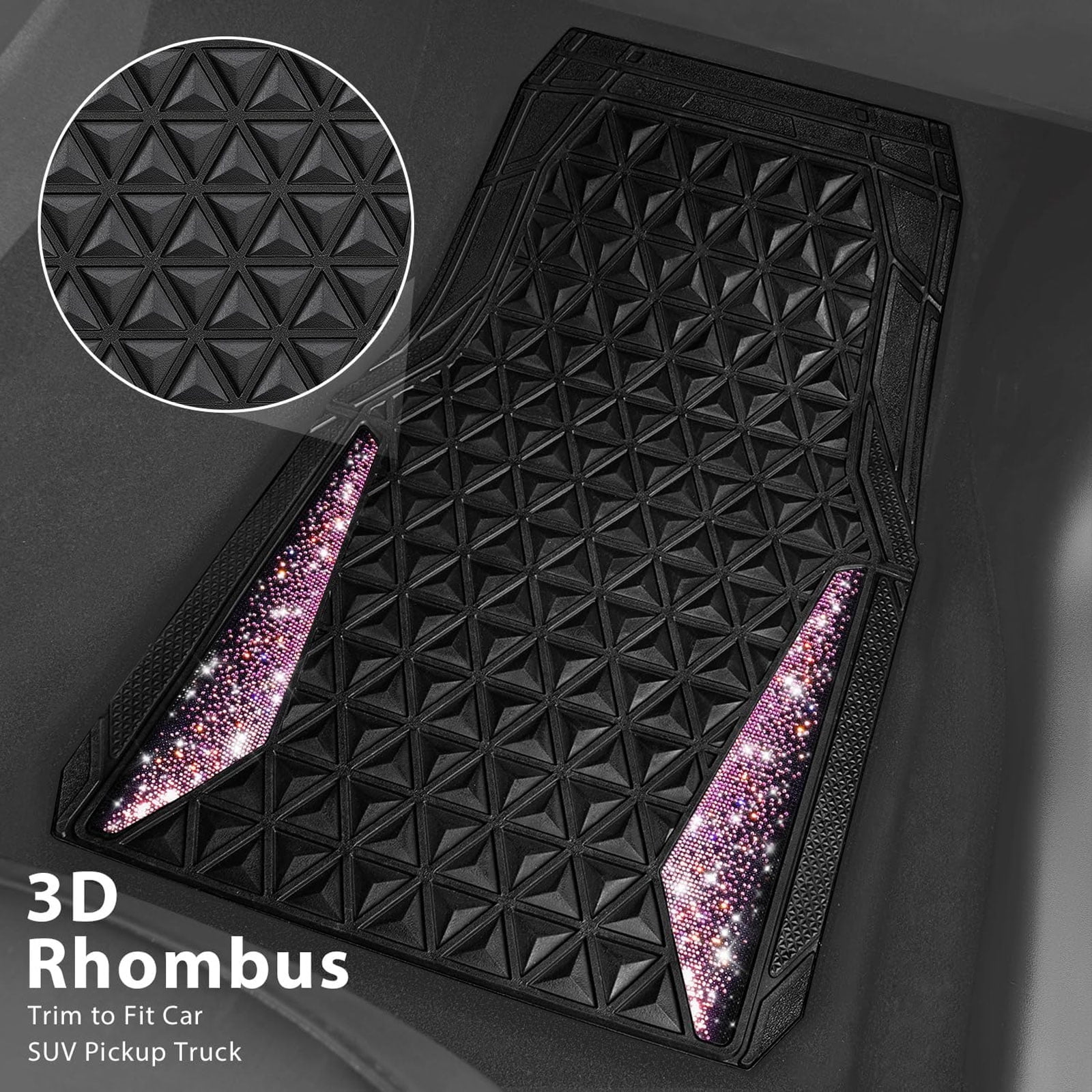 CAR GRAND Bling diamond rubble automotive floor mats full set anti-slip water proof universal fit glitter crystal sparkly shining rhinestone girl woman lady femal Black Pink