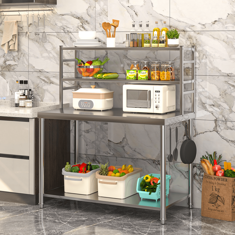 AECOJOY Stainless Steel Prep Table, Dual Shelves, Hooks, Heavy