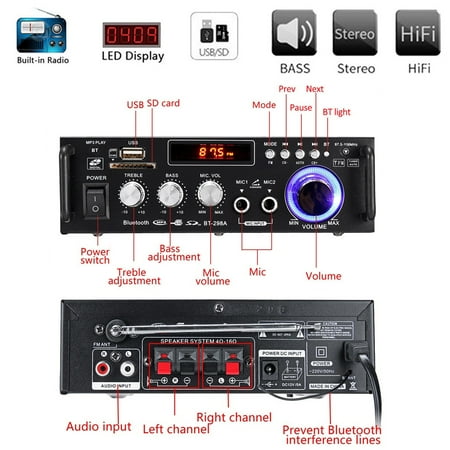 Stereo With Amp 600W 110V 4-16Ohm Home/Car Digital Amplifier Wireless b luetooth Receiver Speaker HIFI Stereo Audio AMP USB/SD/MP3 2 Mic Inputs For Car Home i Pad Phones Tablet Computers ()