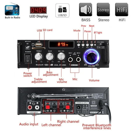 600W 110V 4-16Ohm Home/Car Digital Amplifier Wireless b luetooth Receiver Speaker HIFI Stereo Audio AMP USB/SD/MP3 2 Mic Inputs For Car Home i Pad Phones Tablet