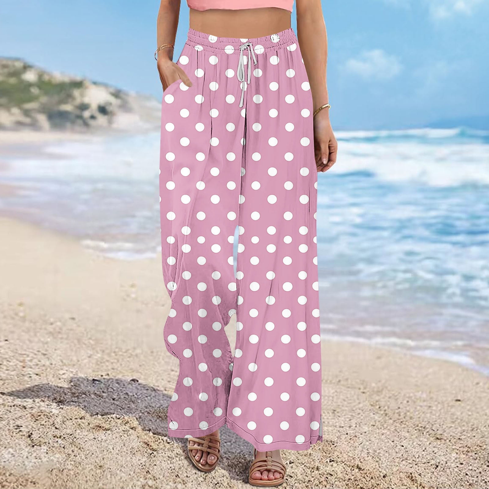 successthop Women Wide Leg Pants Drawstring Elastic Waist Trousers