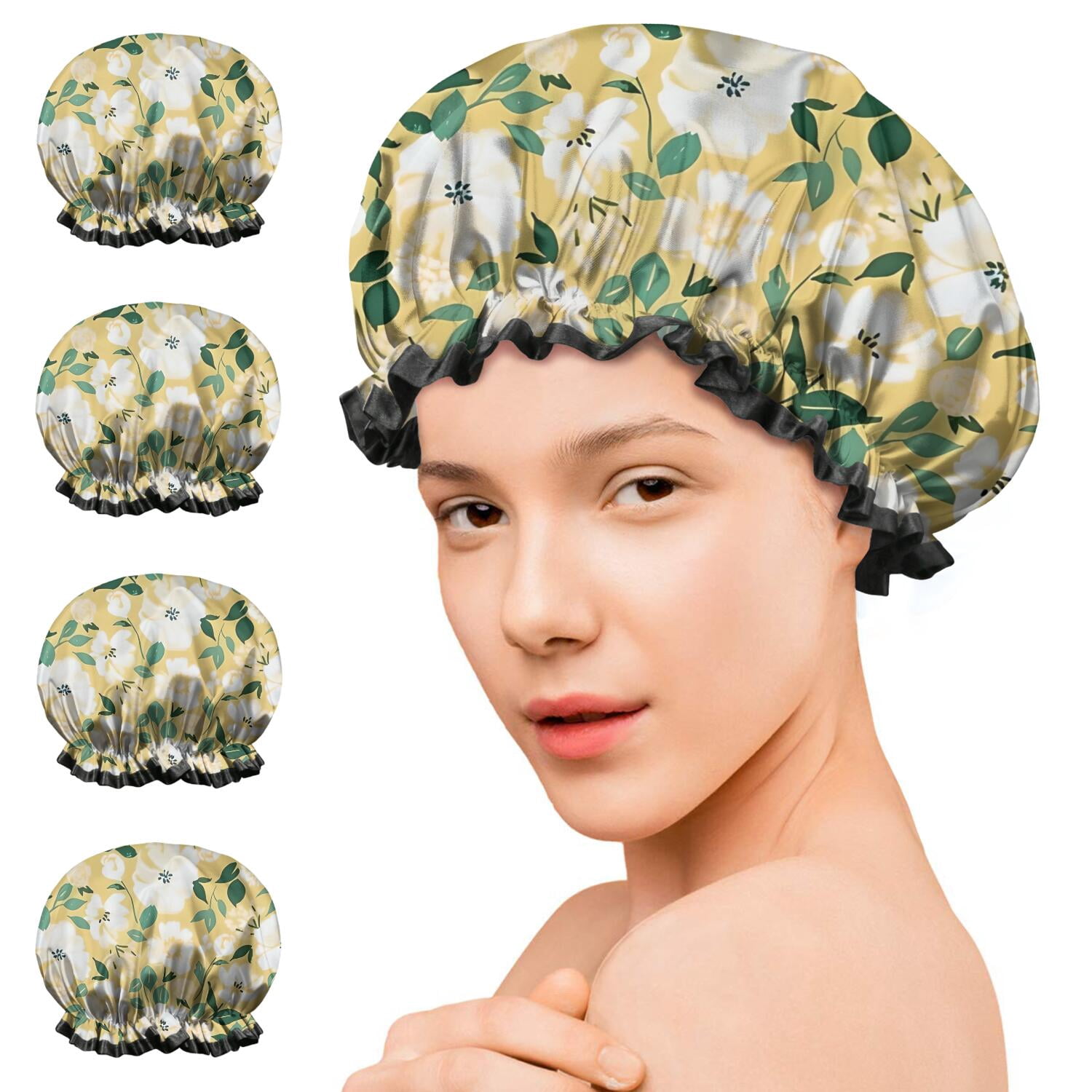 Shower Caps,Pioneer Flower Floral Print Pattern Waterproof Shower Cap for Women 4 Pieces,Double Reusable Hair Cover for Shower PEVA Elastic Stretch Hem