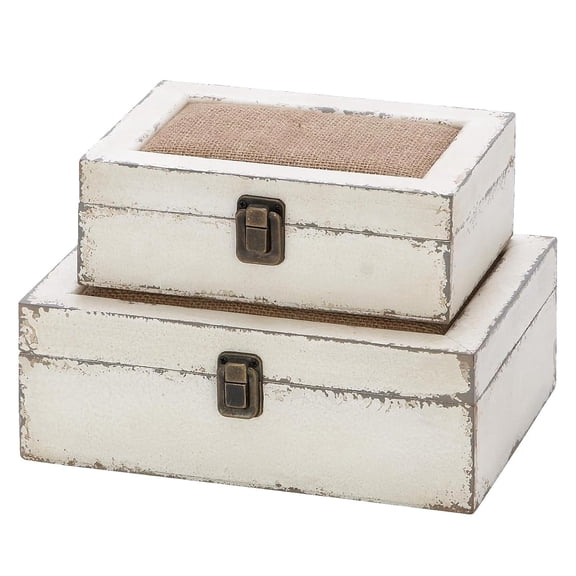 MODE HOME Rustic Ivory Decorative Storage Boxes Set of 2, Farmhouse Wooden Boxes with Burlap Top, Distressed Decor Keepsake Box Memory Gift Boxes for Living Room, Coffee Table, Entryway, Bedroom