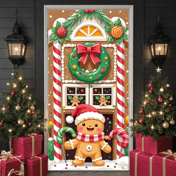 Gingerbread House Christmas Banner Festive Design Holiday Decoration Candy Cane Santa Claus for Christmas Party Holiday Event Home Decor