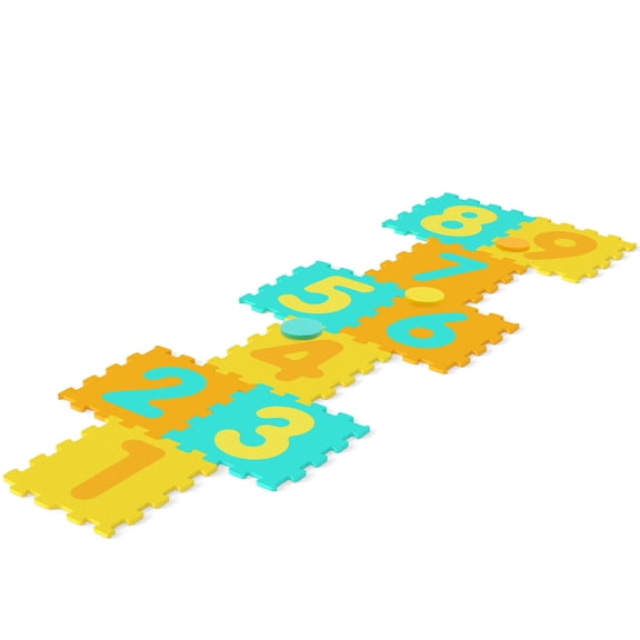 Costway 9 PCS Kids Hopscotch Playmat with 3 Marker Discs & Detachable Numbers, Non-slip Green Yellow