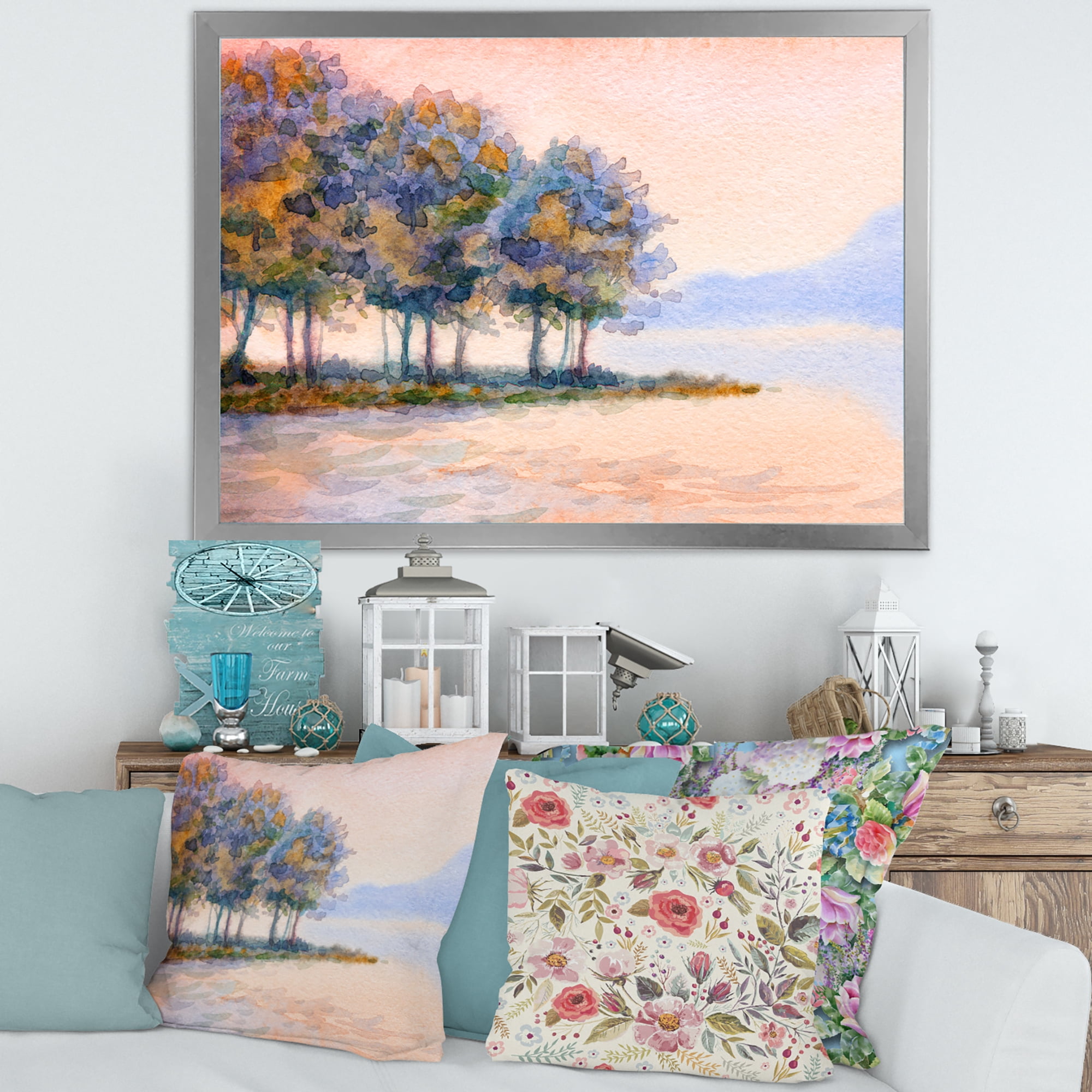 Designart 'The Rural Lake In Sunset Evening II' Traditional Framed Art Print