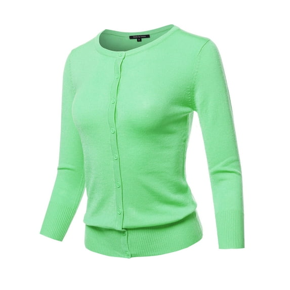 FashionOutfit Women's Solid Crew Neck Button Down 3/4 Sleeves Knit Cardigan