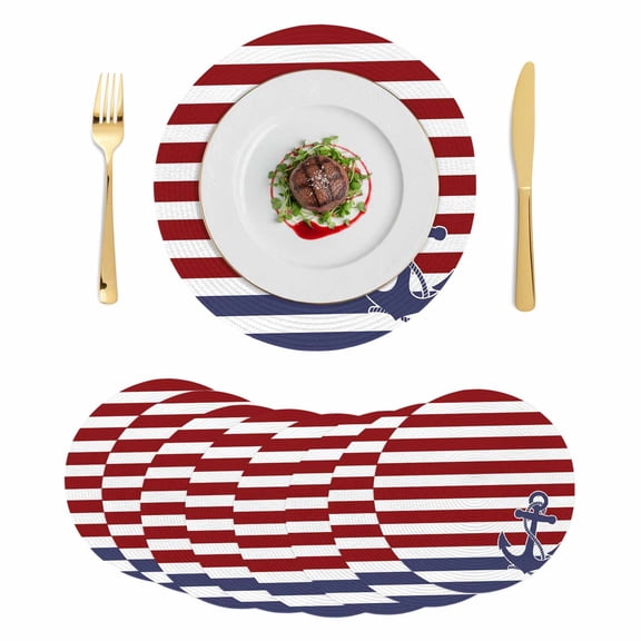 Anchor Red Round 13 Inch Placemats Set of 8, Modern Navy Blue White Striped Nautical HeatResistant Non Slip Place Mats for Dining Table, Wipeable Braided Kitchen Table Mats for Housewarming