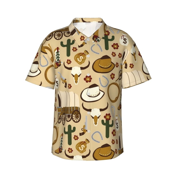 Fotbe Wild West Cowboy Camisa Hawaiana para Hombre Unisex – Camisa Casual de Verano con Botones de Manga Corta de Algodón y Lino,X-Large