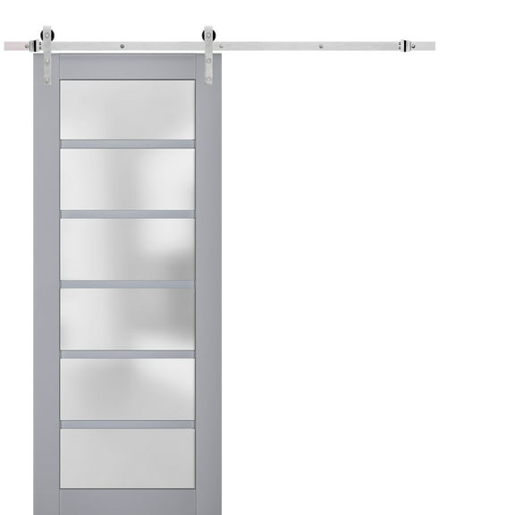 Sturdy Barn Door Frosted Glass | Veregio 7602 Matte Grey | 6.6FT Rail Hangers Heavy Hardware Set | Solid Panel Interior Doors-36" x 96"-Silver Rail