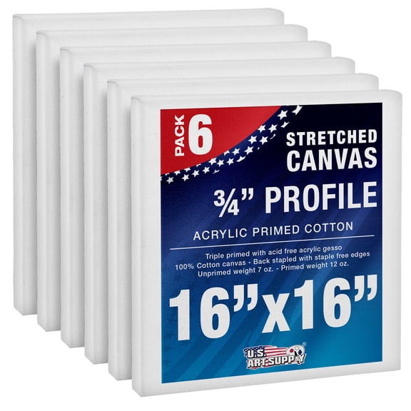 U.S. Art Supply 16 x 16 inch Stretched Canvas 12-Ounce Triple Primed, 6-Pack - Professional Artist Quality White Blank 3/4" Profile, 100% Cotton, Heavy-Weight Gesso - Acrylic Pouring, Oil Painting