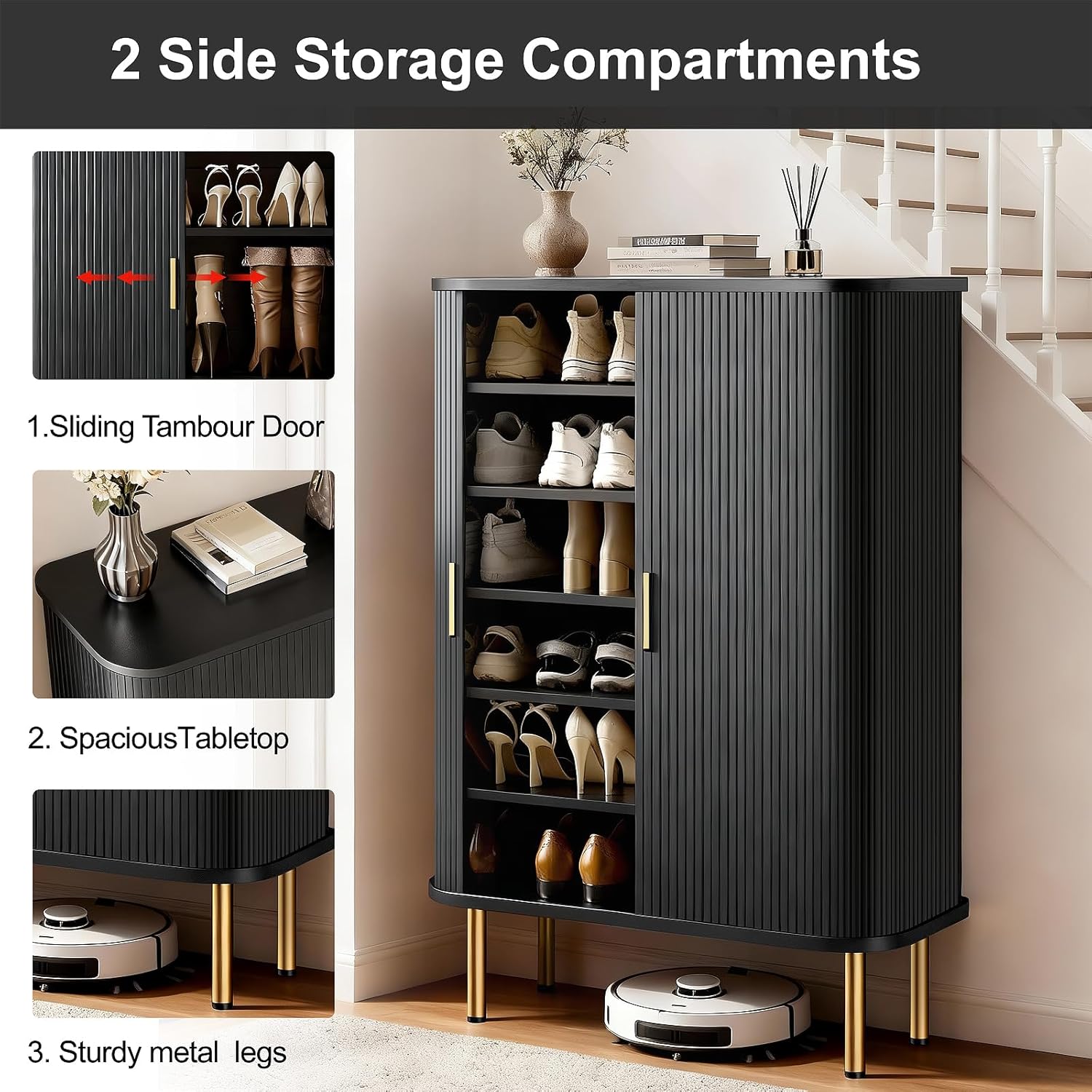 Shoe Storage Cabinet with Sliding Door, 6-Tier Shoe Cabinet with Adjustable Shelves, Mid-Century Modern Freestanding Shoe Storage Organizer for Entryway, Hallway, Living Room (Black)