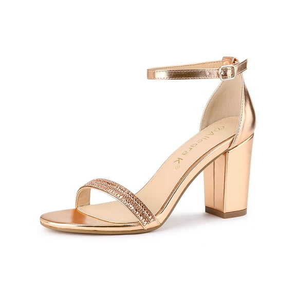 BLISSFUL STEP Women's Sandals Rhinestone Chunky Heel Ankle Strap Open Toe Party Shoes Rose Gold 5.5