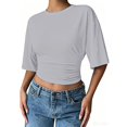 thumbnail image 7 of GZWYHT Crop Summer Tops Batwing Short Sleeve Ruched Waist Slim Fitted Basic Tees Going Out T Shirts Fashion Workout Summer Clothes Gray S, 7 of 7