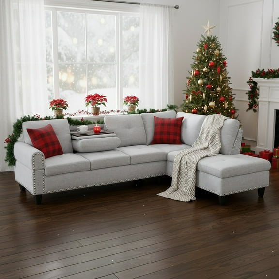 Hommoo Sofa Set,Flannel 2-Piece Sofa,L-Shaped Living Room Couches,Grey White
