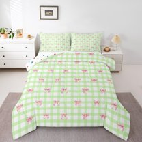 Homewish Kawaii Cartoon Bowknot Queen Comforter Set for Girls, Dreamy Green Buffalo Plaid Bedding Sets, Cute Bow-tie Reversible Bedding Comforter Set, Microfiber Bedroom Decor, 3pcs
