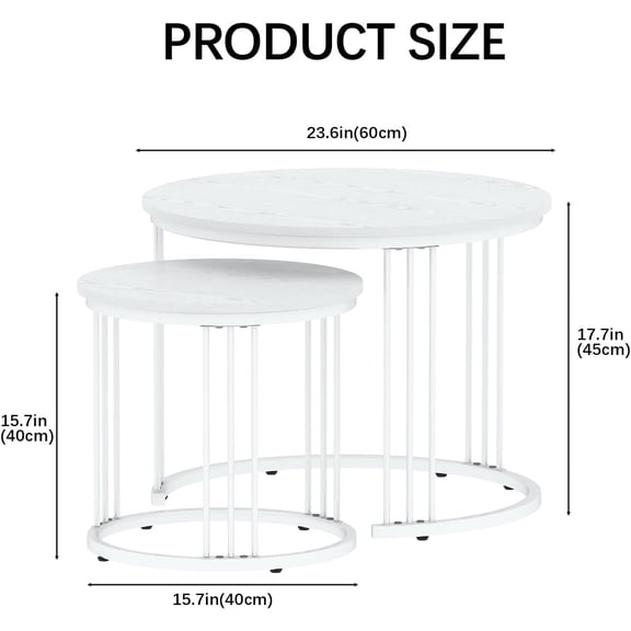 Nesting Coffee Table, 23.6" Round Coffee Table Set of 2, Wooden Nesting Table with Metal Frame, Ceter Tables for Living Room Bedroom Balcony, White