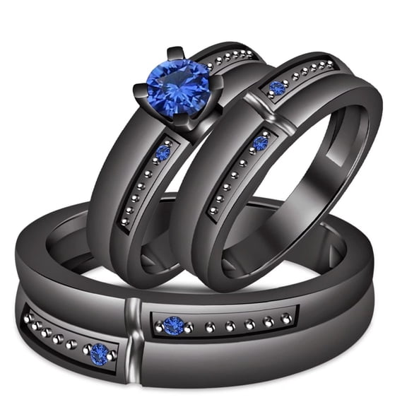 Silver & Stone Jewels His & Her Lab Created Blue Sapphire 14K Black Gold Finish Silver 3 Piece Trio Ring Set