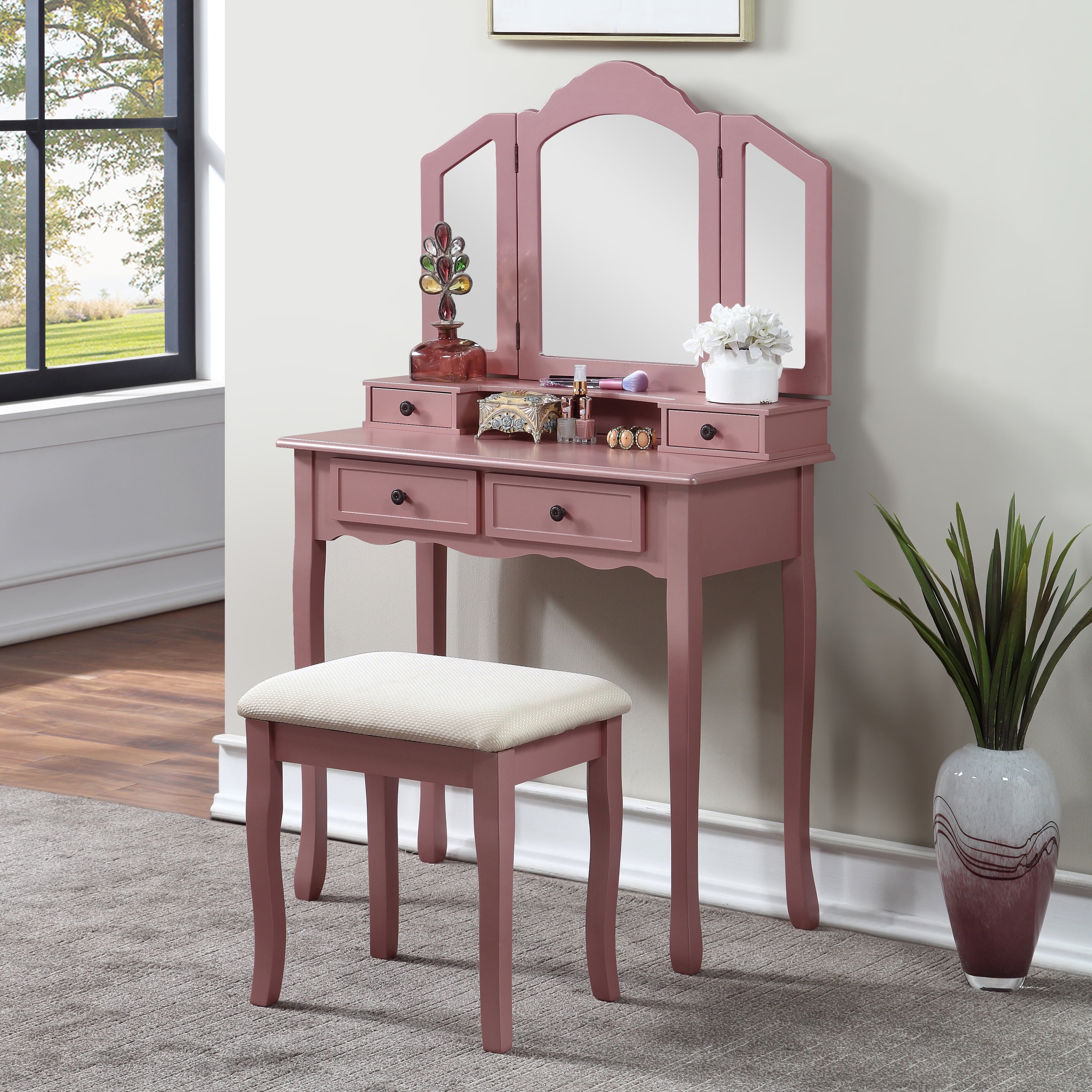 Roundhill Furniture Sanlo Contemporary Rose Gold Finish Wooden Vanity, Makeup Table and Stool Set