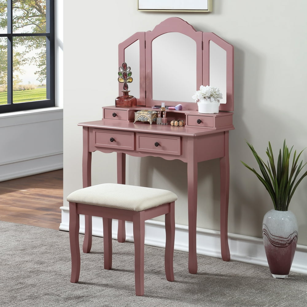 Sanlo Rose Gold Finish Wooden Vanity, Make Up Table and Stool Set ...