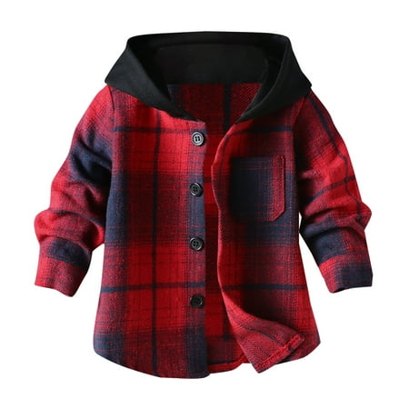 

None Toddler Kids Boy Hooded Coat Outwear Long Sleeve Button Down Plaid Shirts Casual Hoodie Jacket Pockets Boys Shirts Size 8